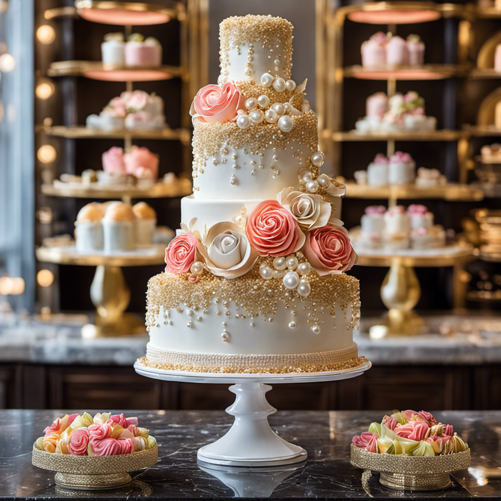 An image showcasing a delightful display of intricately designed decor cakes, neatly arranged on polished marble countertops, surrounded by shelves filled with vibrant frosting colors, edible pearls, edible glitters, and an array of piping nozzles