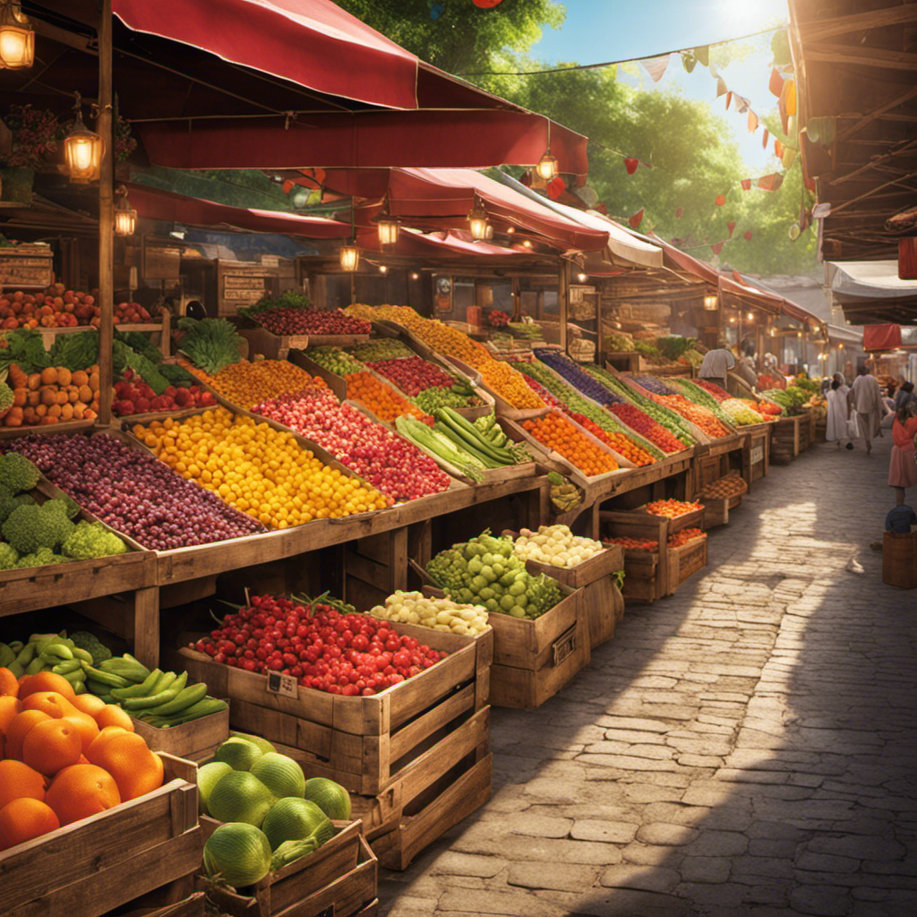 An image featuring a bustling open-air fruit market, adorned with vibrant and intricately designed awnings, overflowing with colorful fruits and vegetables