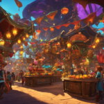 An image showcasing a bustling marketplace in Wildstar, with vibrant stalls adorned with whimsical decor