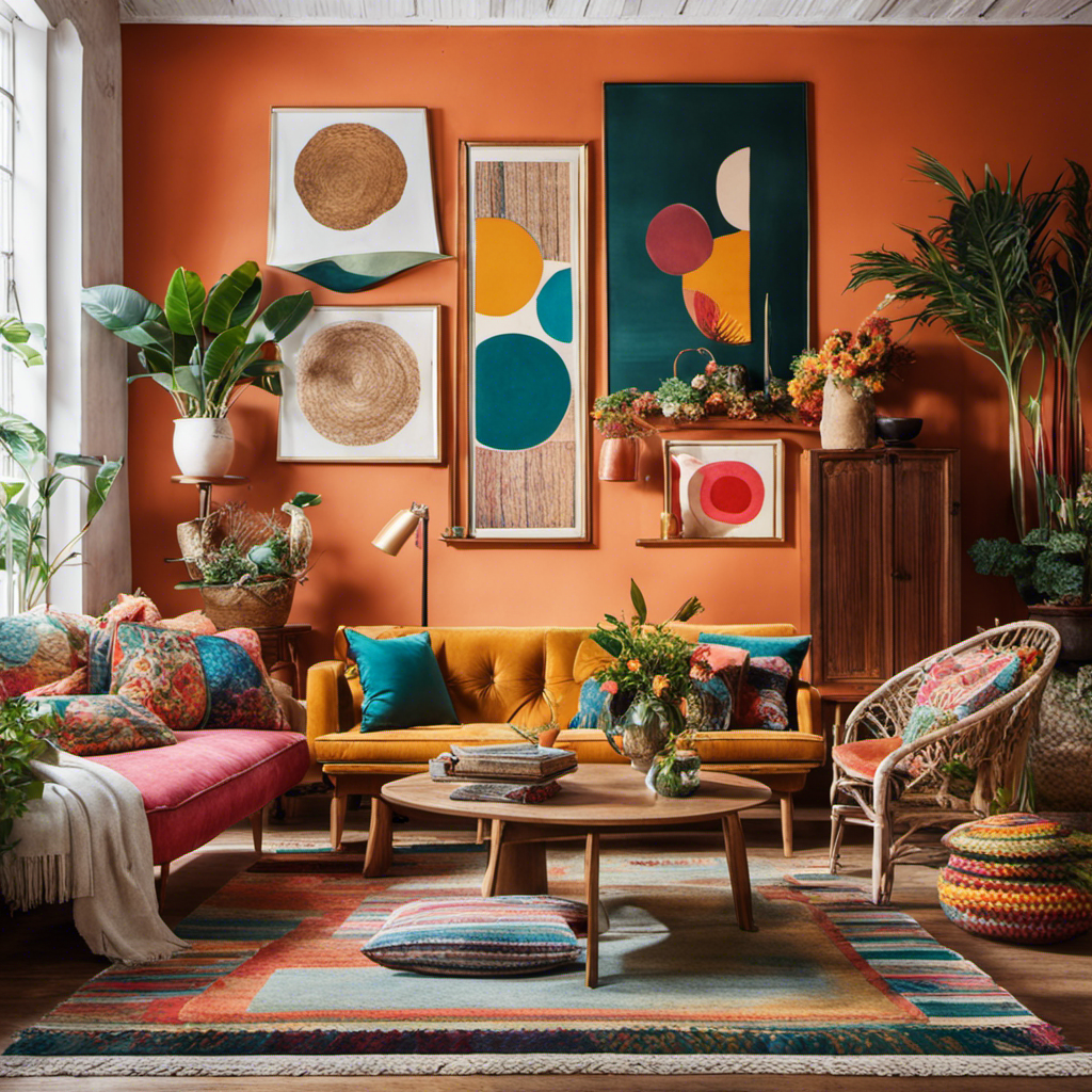An image showcasing a vibrant living room adorned with an array of unique and captivating home decor items, including quirky vintage furniture, bohemian textiles, and eye-catching wall art