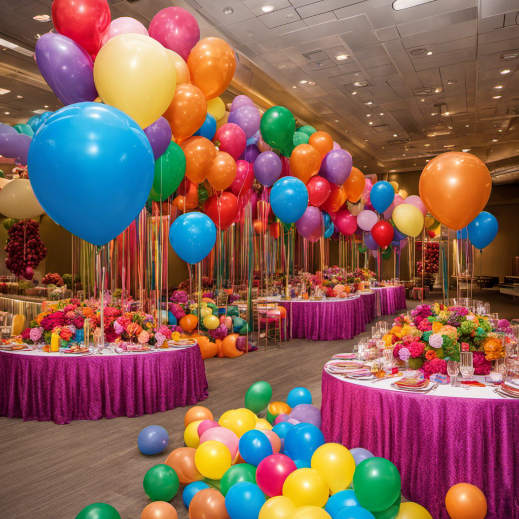 An image showcasing a vibrant store aisle filled with rows of colorful balloons, shimmering ribbons, elegant centerpieces, and ornate table linens, to entice event planners in search of top-notch event decor supplies