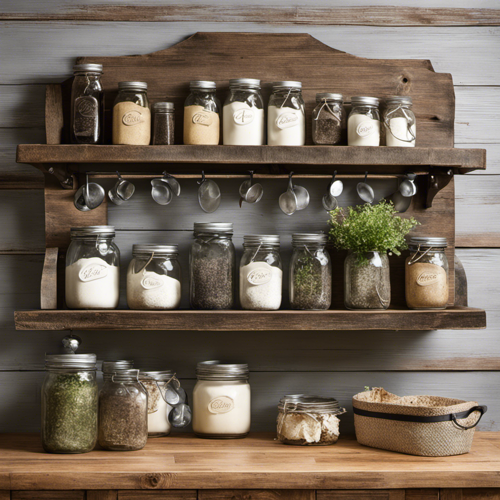 An image featuring a charming, rustic farmhouse kitchen adorned with vintage mason jars, distressed wooden shelves, galvanized metal accents, and a cozy apron hanging on a hook, showcasing the essence of farmhouse decor