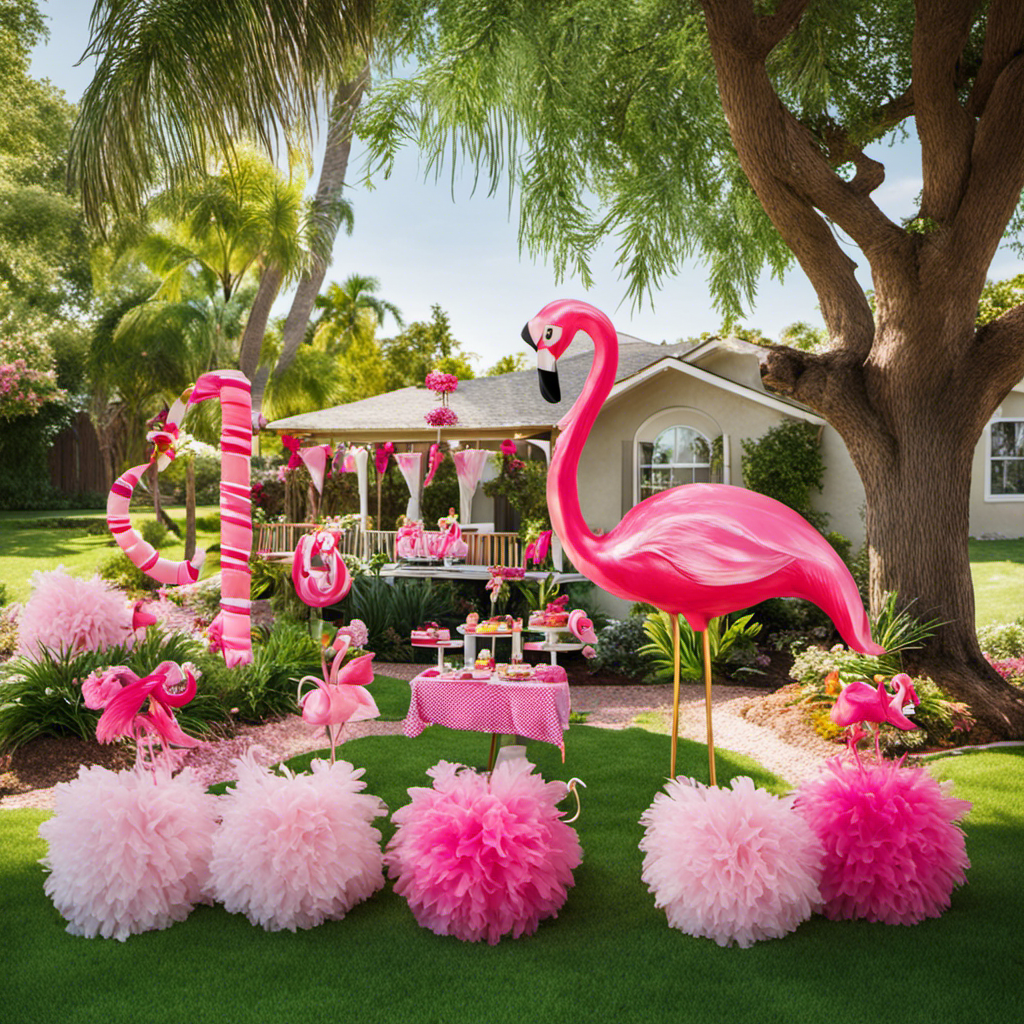 An image showcasing a vibrant backyard with lush green grass, adorned with a parade of flamingo yard decor, each flaunting a whimsical birthday sign