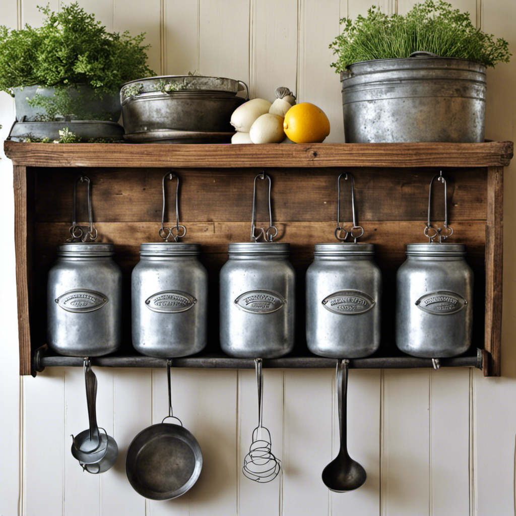 An image showcasing an inviting farmhouse kitchen, adorned with rustic galvanized chicken feeders repurposed as charming decor pieces