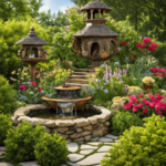 An image showcasing a lush garden oasis, adorned with elegant garden decor