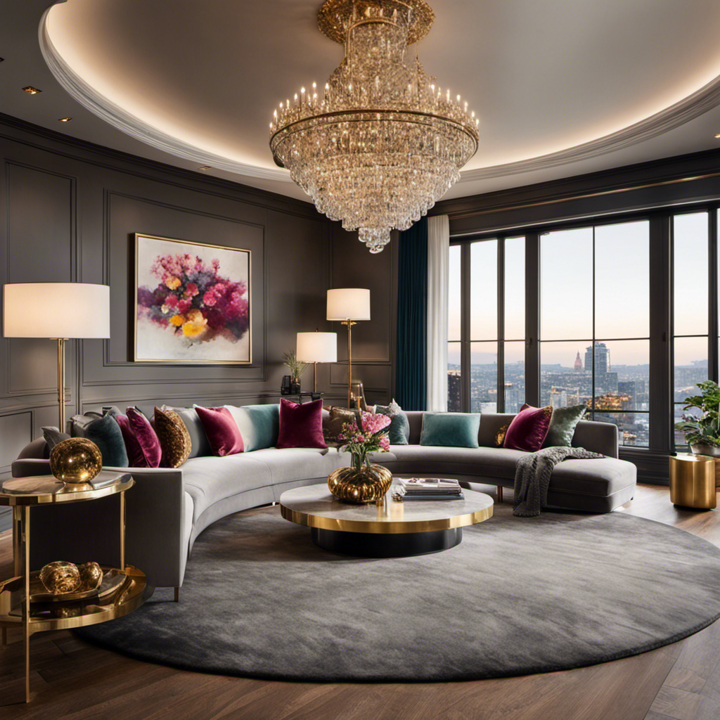 An image showcasing an elegantly decorated living room, adorned with a colorful array of curated artwork, plush velvet sofas, modern brass accents, and floor-to-ceiling windows, inspiring readers to explore the best places to buy house decor