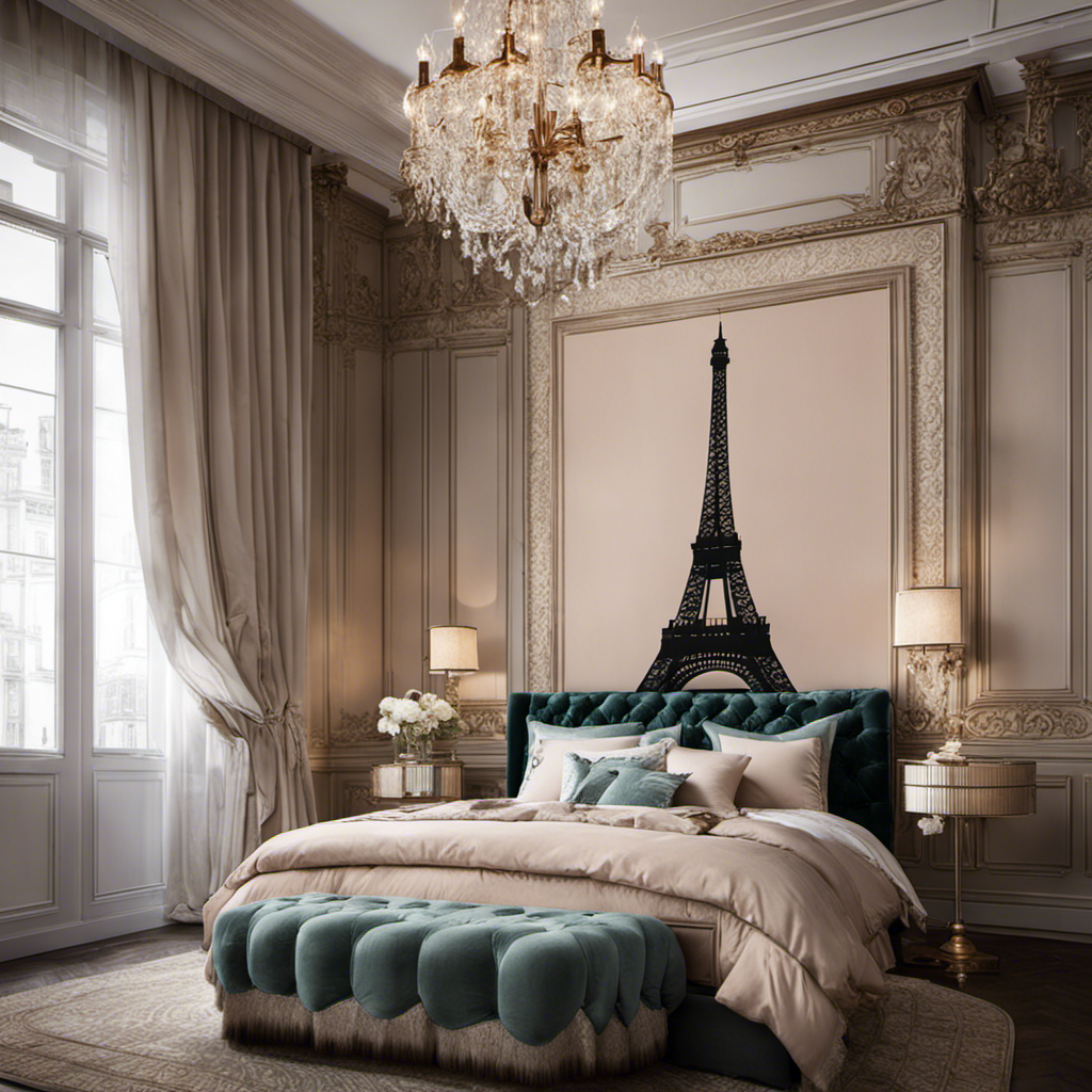 An image capturing the essence of a Parisian bedroom: a wall adorned with a grand Eiffel Tower mural, delicate lace curtains cascading from ornate rods, a vintage-inspired chandelier casting a warm glow on a chic tufted headboard