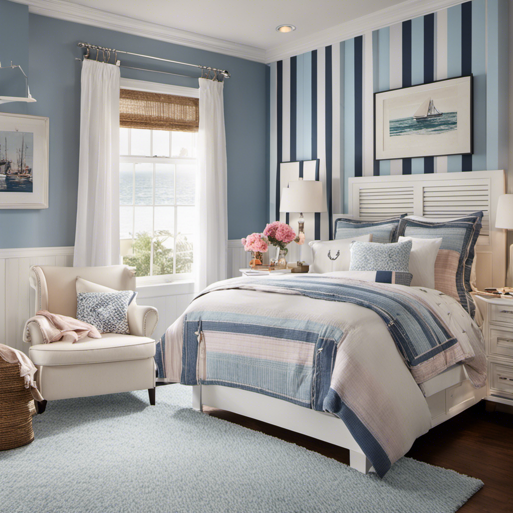An image showcasing a serene bedroom adorned with pastel hues and nautical motifs