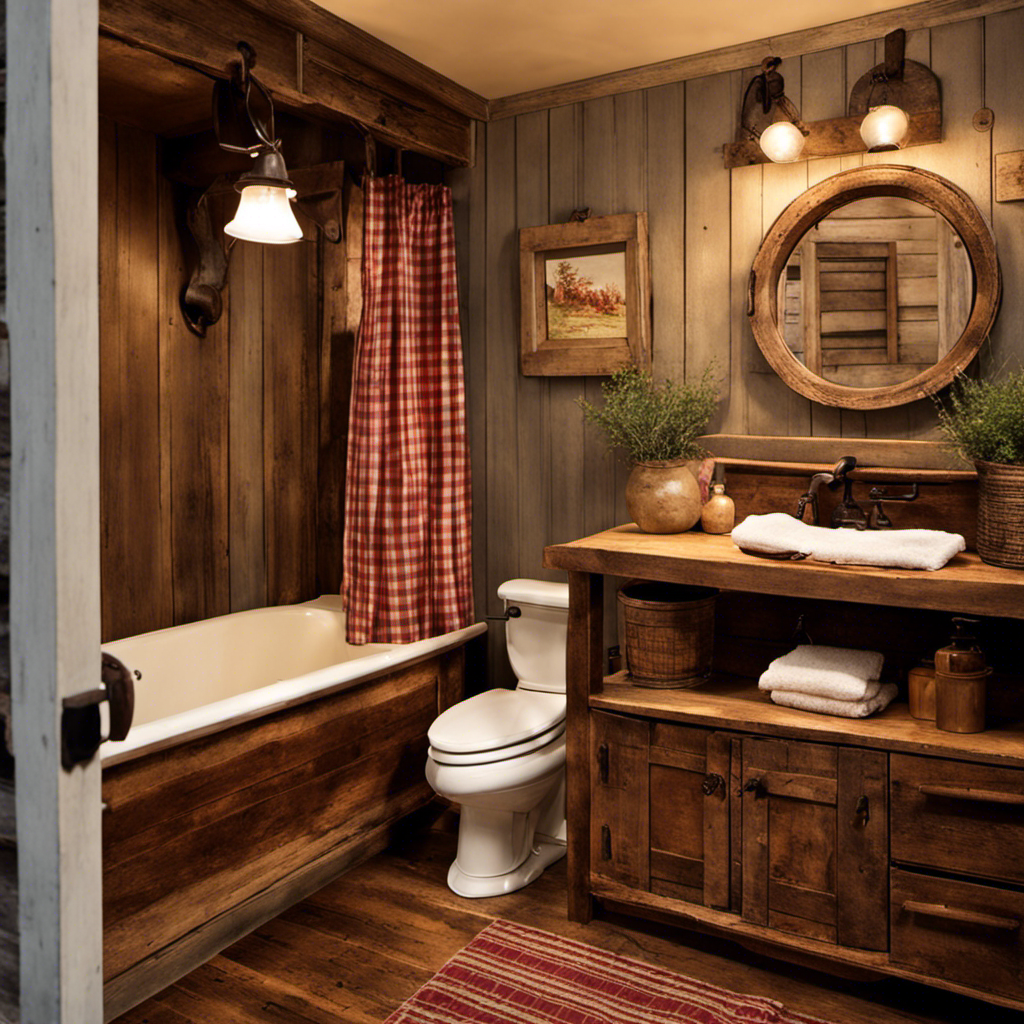 An image featuring a cozy, rustic bathroom with red checked prairie curtains