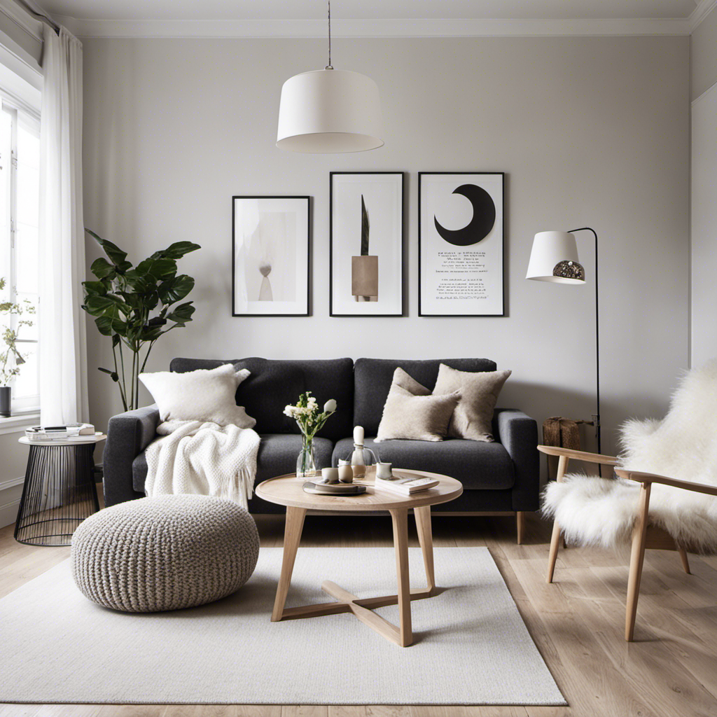 An image that showcases a serene living room adorned with sleek, minimalist furniture in neutral tones, complemented by light oak floors, cozy sheepskin rugs, and an array of minimalist Scandinavian home decor accessories