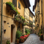 An image showcasing a quaint alleyway in Florence, Italy, adorned with charming boutiques and shops