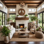 An image showcasing a serene living room adorned with a variety of peace sign decor