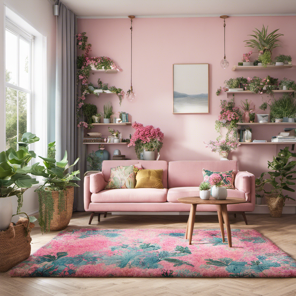 An image showcasing a cozy living room adorned with vibrant floral curtains, a rustic wooden bookshelf adorned with potted succulents, and a plush pastel pink rug, offering readers inspiration for finding cute hoe decor