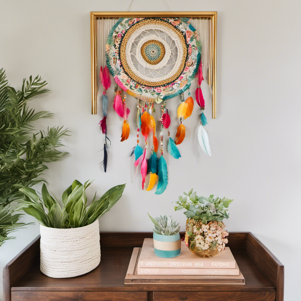 An image showcasing a whimsical gallery wall adorned with vibrant, hand-painted animal canvases, dainty gold-framed botanical prints, and a charming macramé dream catcher, adding a touch of bohemian elegance to any space