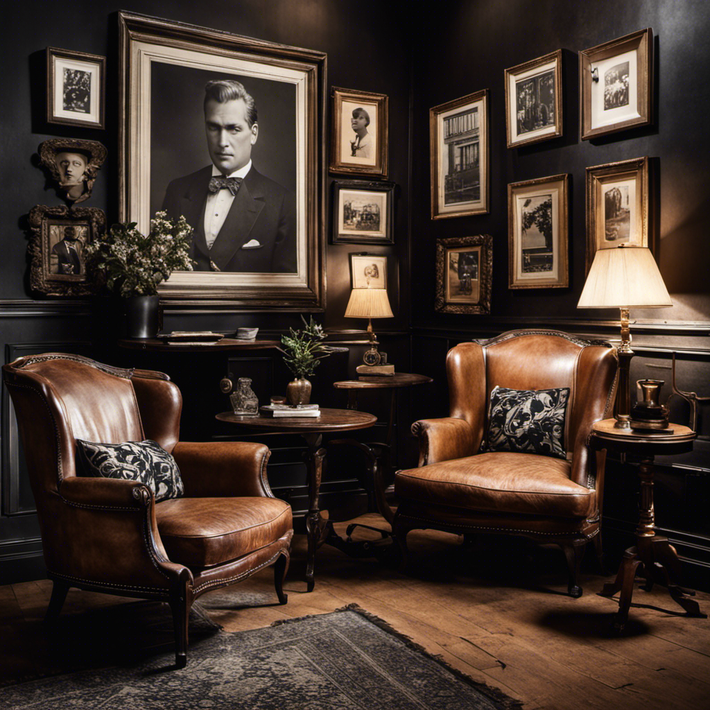 An image showcasing a vintage-inspired living room adorned with black and white photographs displayed in elegant antique frames