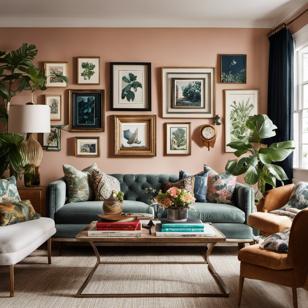 An image showcasing a cozy living room adorned with an eclectic gallery wall