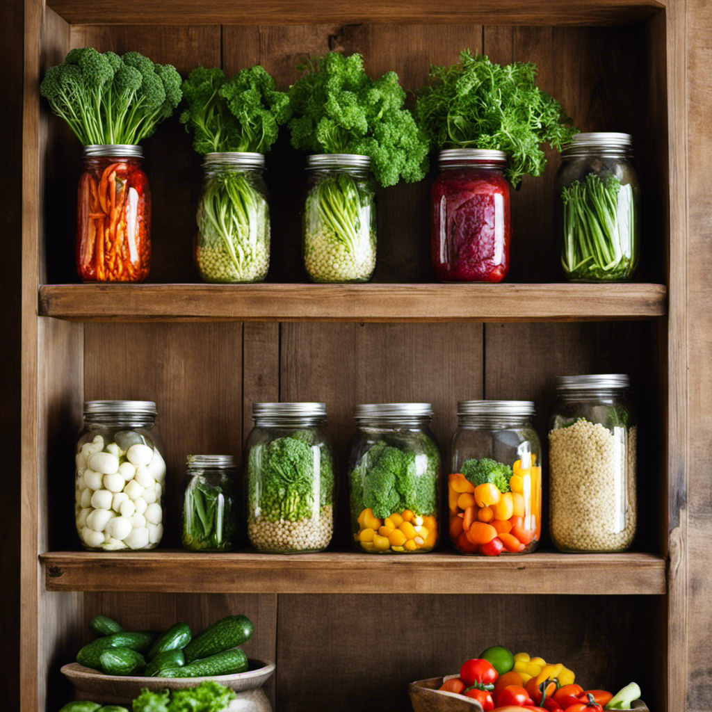 An image showcasing a rustic kitchen shelf adorned with a collection of elegantly arranged mason jars filled with vibrant, freshly harvested vegetables