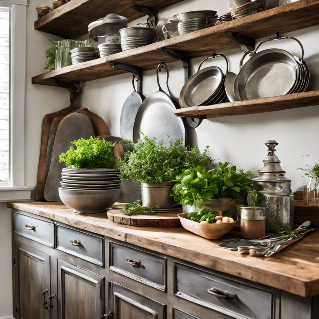 An image showcasing a beautifully styled rustic farmhouse kitchen, featuring Decor Steals metal trays elegantly displayed on a distressed wooden countertop, alongside vintage utensils and fresh herbs, evoking a warm and inviting atmosphere