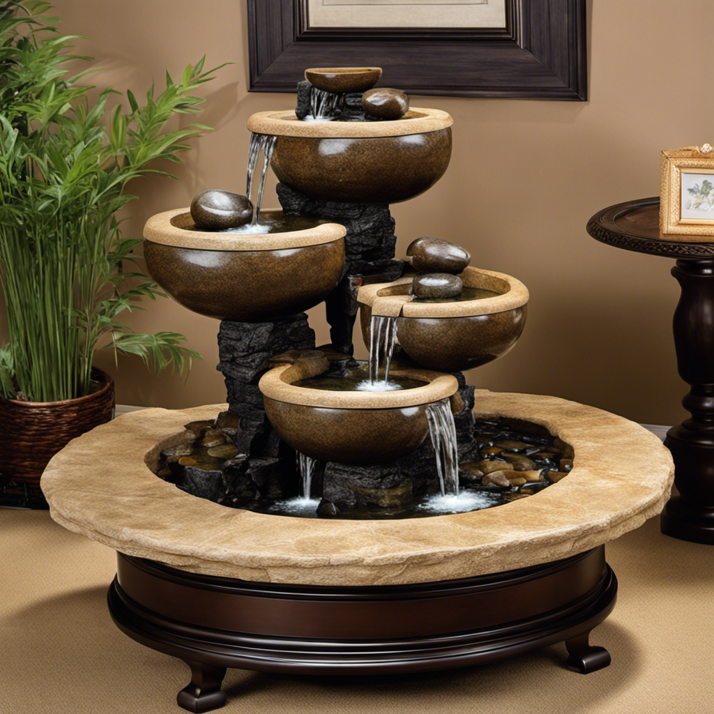 An image showcasing a serene indoor setting with a decor fountain featuring multiple cascading tiers, delicately carved from stone or ceramic