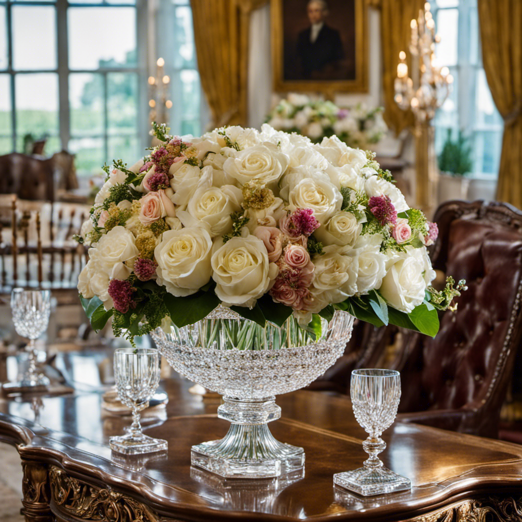An image showcasing the White House's interior with a focused close-up on an elegant hand adorned with a gold bracelet, gently arranging a vibrant bouquet of fresh flowers in a crystal vase on a meticulously polished antique table