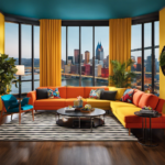 An image featuring a vibrant living room with a mix of retro and modern furniture, adorned with bold geometric patterns and splashes of vivid colors
