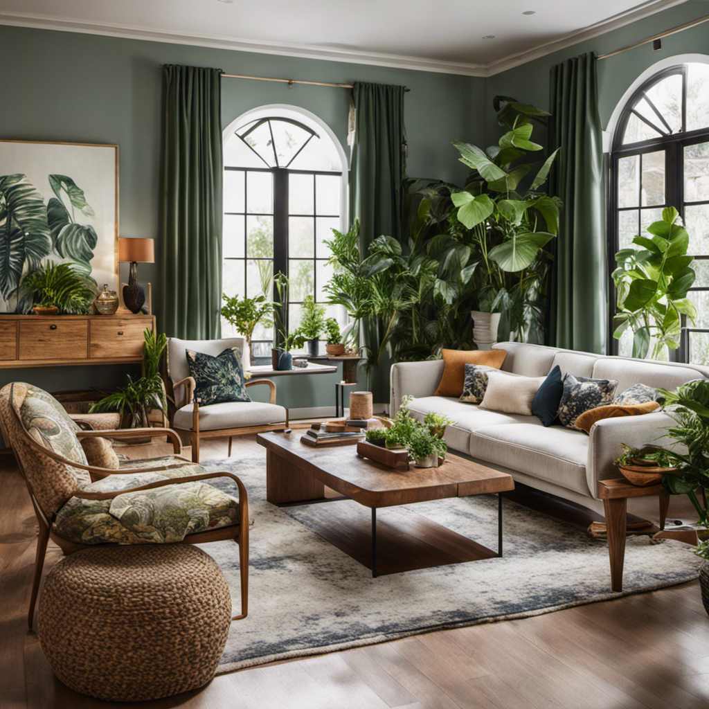 An image showcasing a cozy living room with a mix of modern and vintage furniture, adorned with unique artwork, plush pillows, and lush green plants