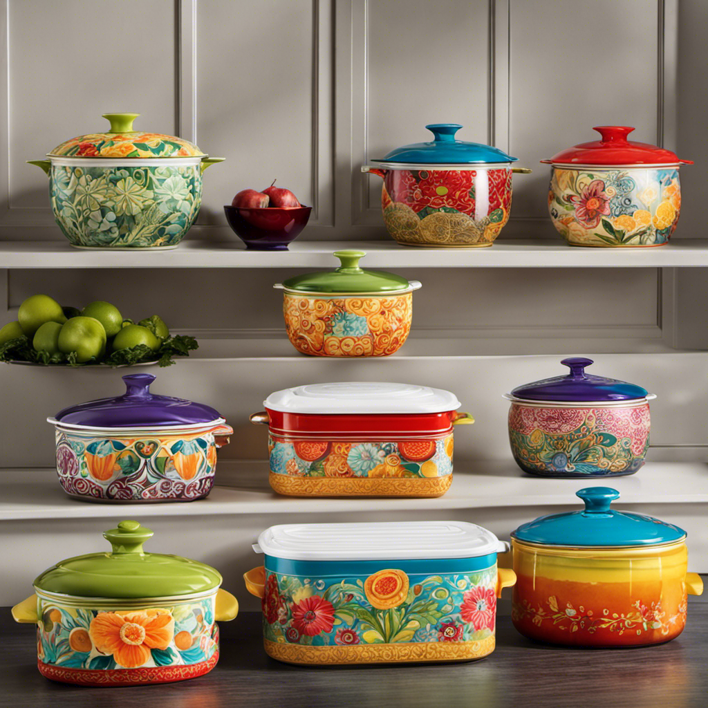 An image showcasing a vibrant kitchen countertop adorned with an array of intricately designed, decorative microwavable containers