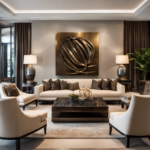 An image showcasing a contemporary living room with an elegant bronze sculpture as the focal point