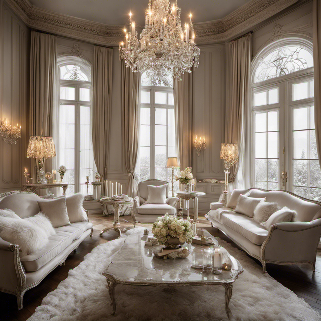 An image showcasing an elegant French living room with intricate moldings, a plush white sofa adorned with delicate lace pillows, a crystal chandelier cascading warm light, and a pristine white fireplace mantel adorned with antique silver candle holders