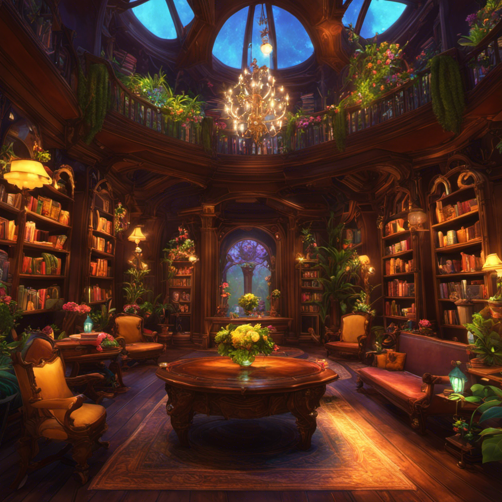 An image showcasing a vibrant, sprawling Wildstar interior, filled with lush flora, towering bookshelves, and ornate chandeliers