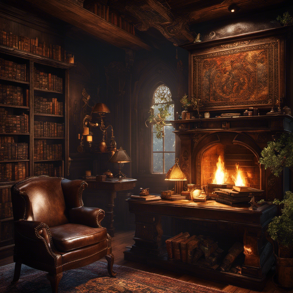 An image showcasing a cozy, dimly lit study in Witcher 3 style, adorned with ornate tapestries depicting mythical creatures, shelves lined with spell books, and a worn leather armchair next to a crackling fireplace