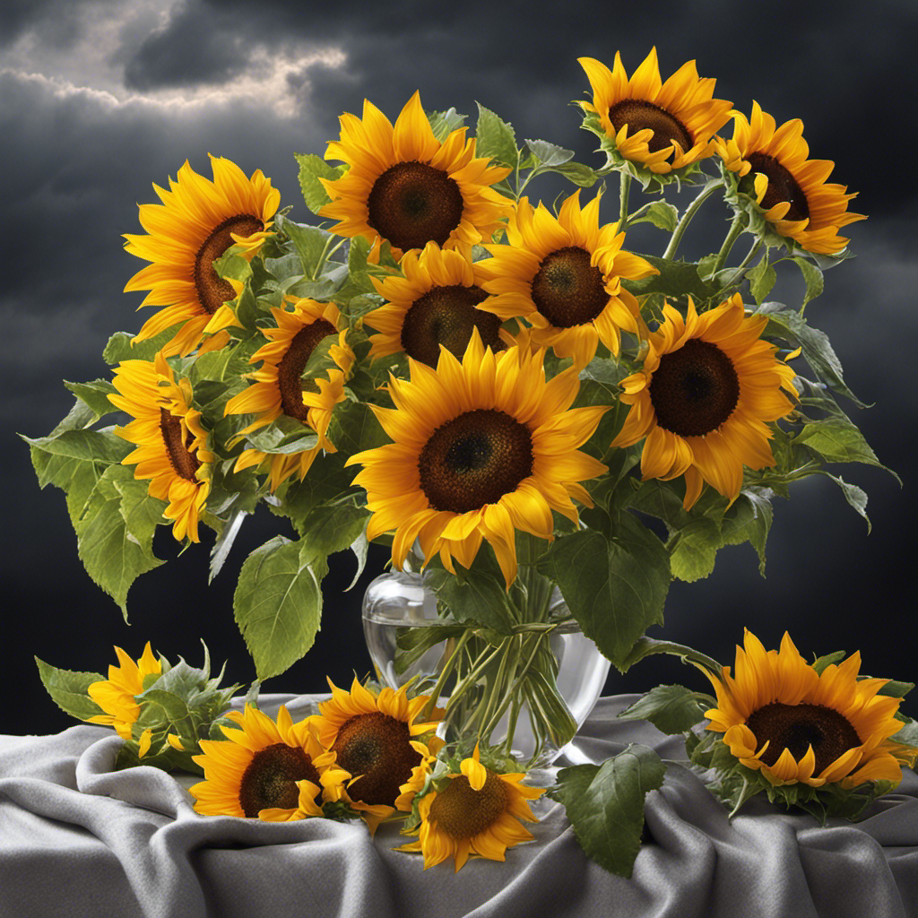 the essence of blissful serenity with an image of a translucent glass frame delicately suspending a vibrant bouquet of sunflowers, harmoniously contrasting against a backdrop of stormy gray skies