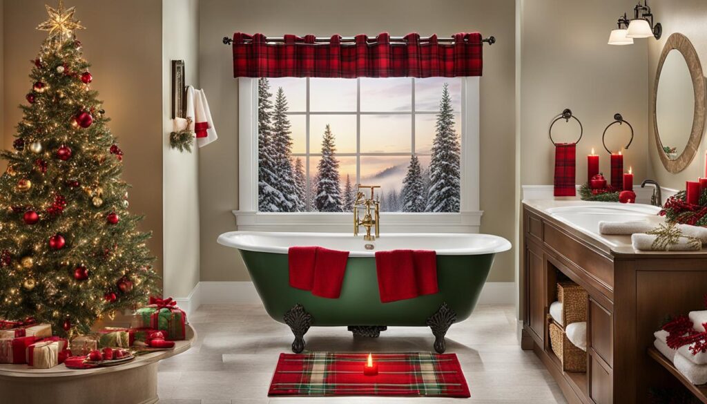 Christmas-themed hand towels and holiday shower curtain