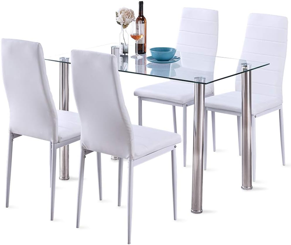 Modern Tempered Glass White Dining Room Table Set with 4 High Back Faux Leather Dining Chairs 5 Pcs