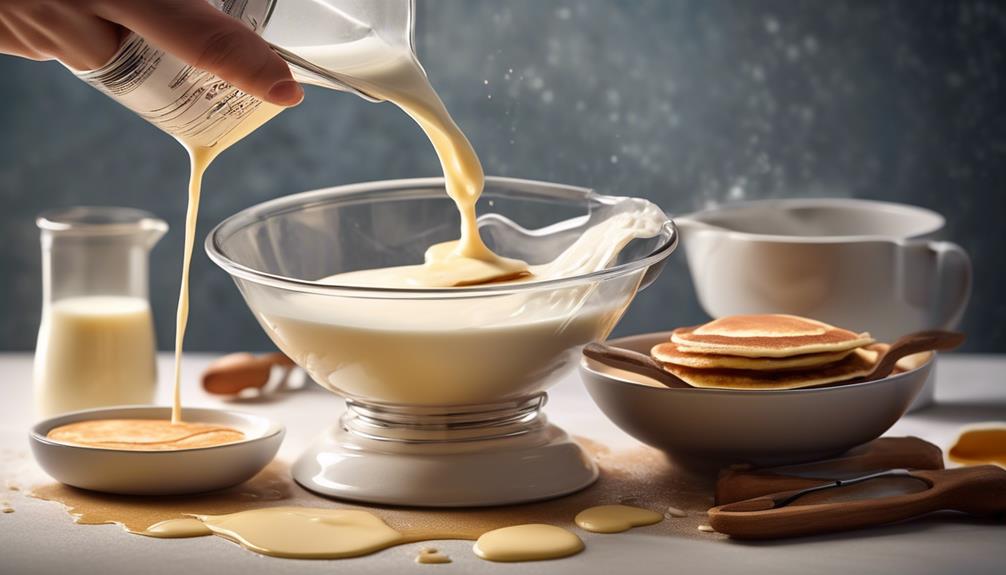 adding milk to pancakes