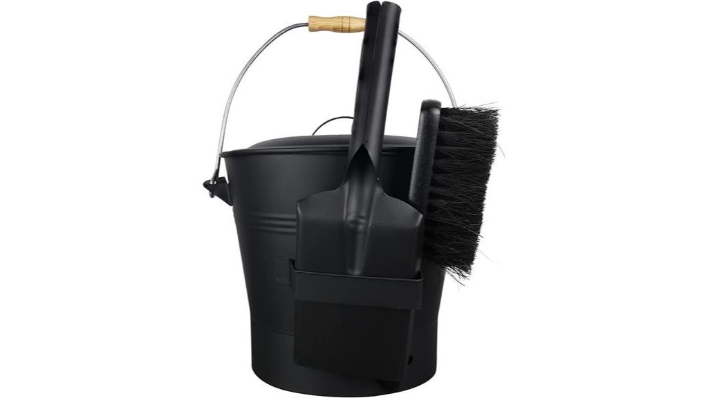 black ash bucket with lid and fireplace tools set