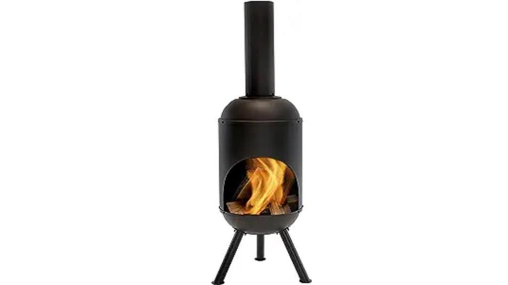 black modern chiminea with wood grate