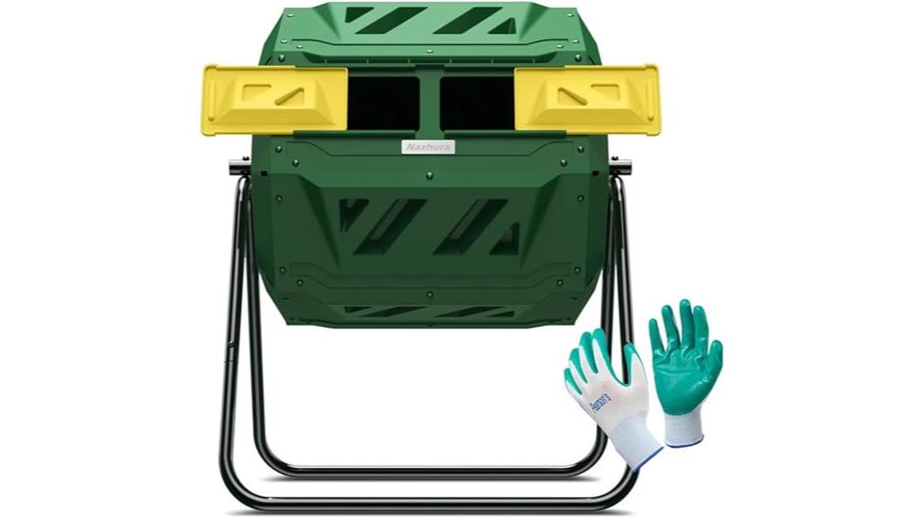 compost tumbler with gardening gloves
