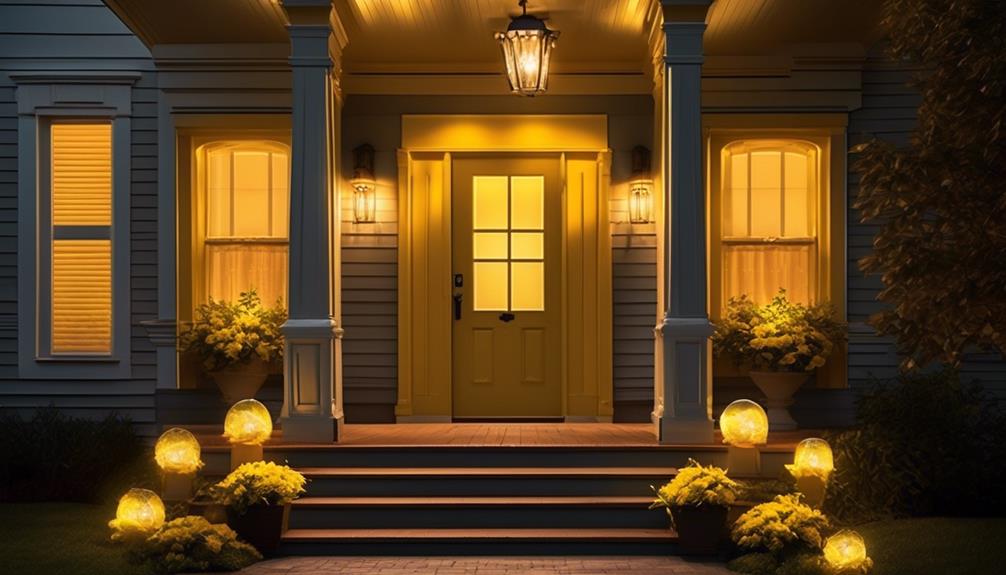 glowing yellow porch lights