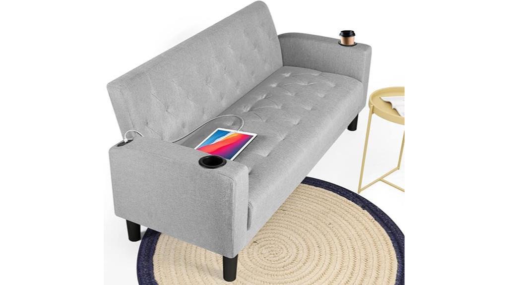 grey loveseat with usb ports and cupholders
