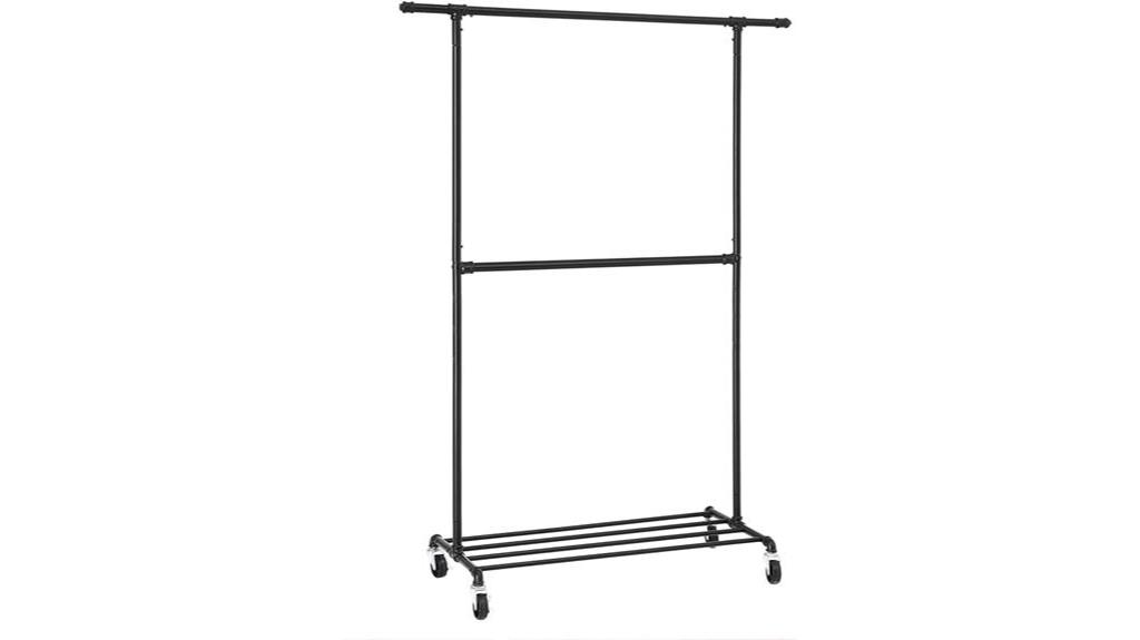 industrial clothing rack with wheels and shelf