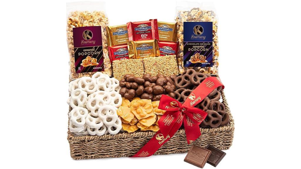 large gift basket with milk chocolate covered pretzels