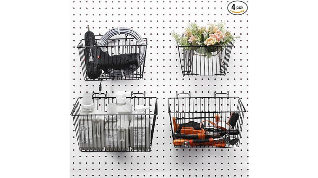 mixed sized black pegboard baskets