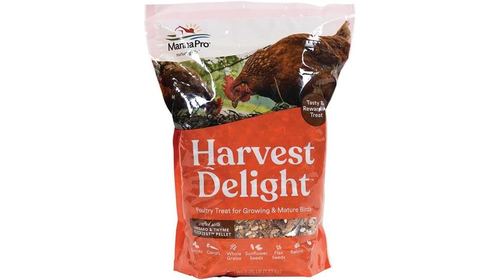 premium chicken treat with manna pro harvest delight