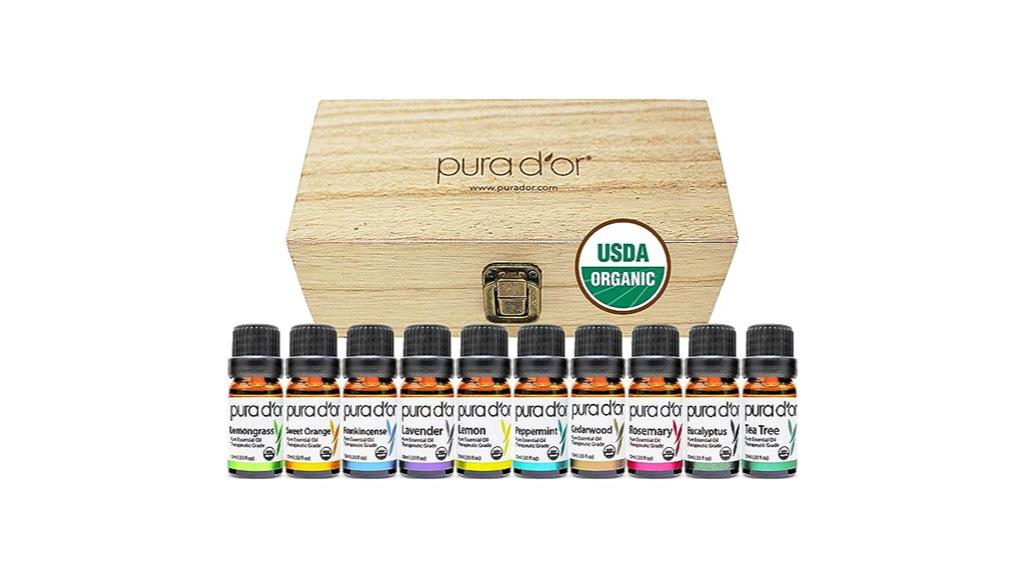 pura dor organic essential oils set with wood box
