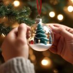 tying ornaments on christmas tree