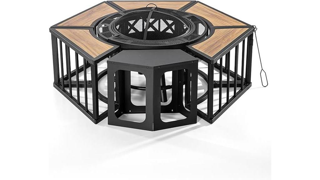 versatile fire pit with grill and wood grain side tables