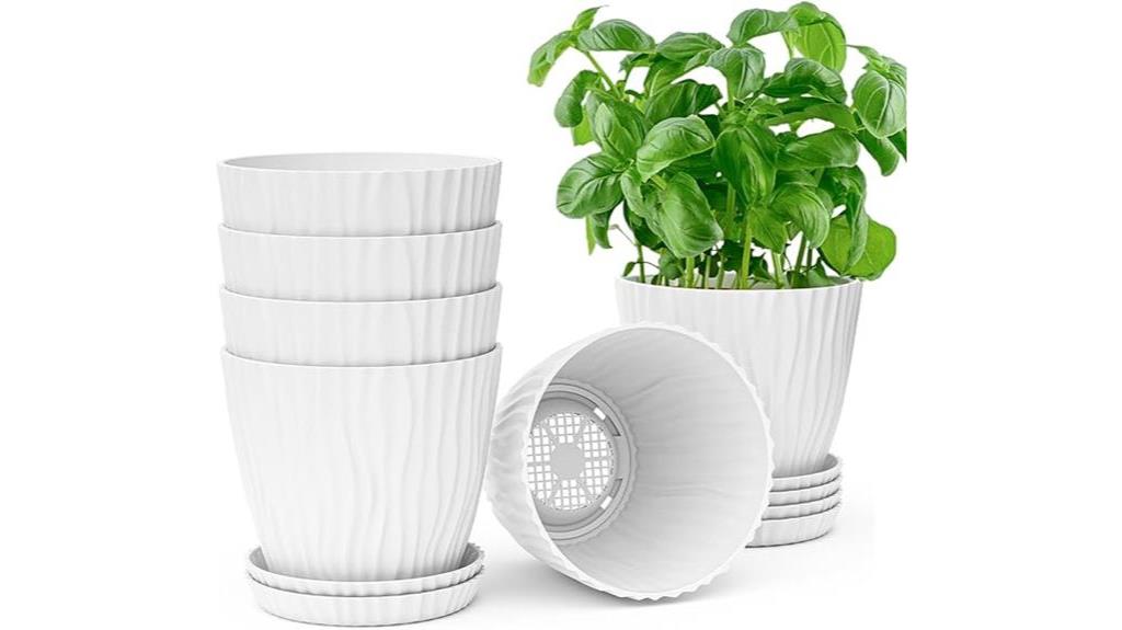 white plastic pots with drainage holes and saucers