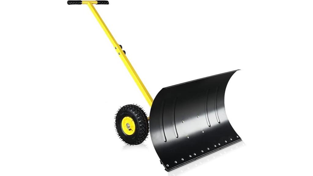 yellow wheeled snow shovel