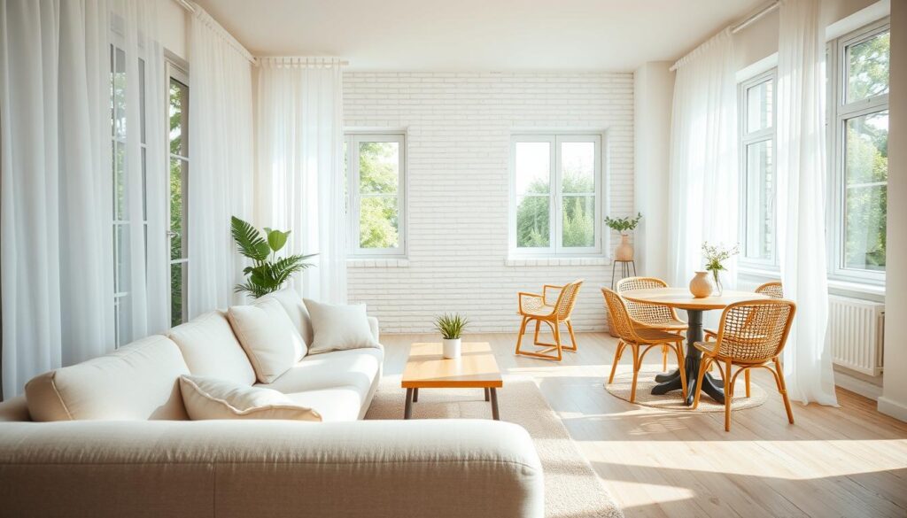 Open feel in studio apartment with light fabrics